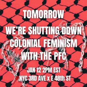 Text on a red and black keffiyeh background that reads "Tomorrow we're shutting down colonial feminism with the PFC. Jan 12, 2pm EST, NYC 3rd AVe X E 48th St". 